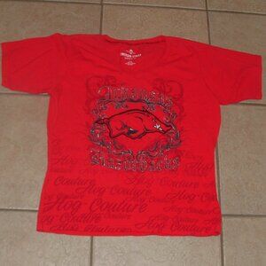 Womens Sz Large Red ARKANSAS RAZORBACKS Soft Stretchy Cotton Embellished Shirt